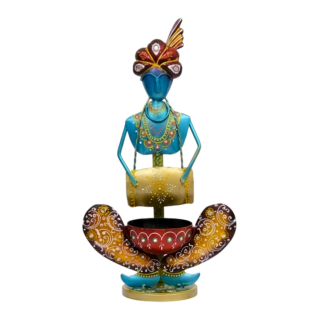 Handcrafted Rajasthani Iron Musician Figurine with Dholak – Traditional Indian Wrought Iron Tribal Drummer Doll Showpiece with Tealight Candle Holder for Home Decor I-236-B