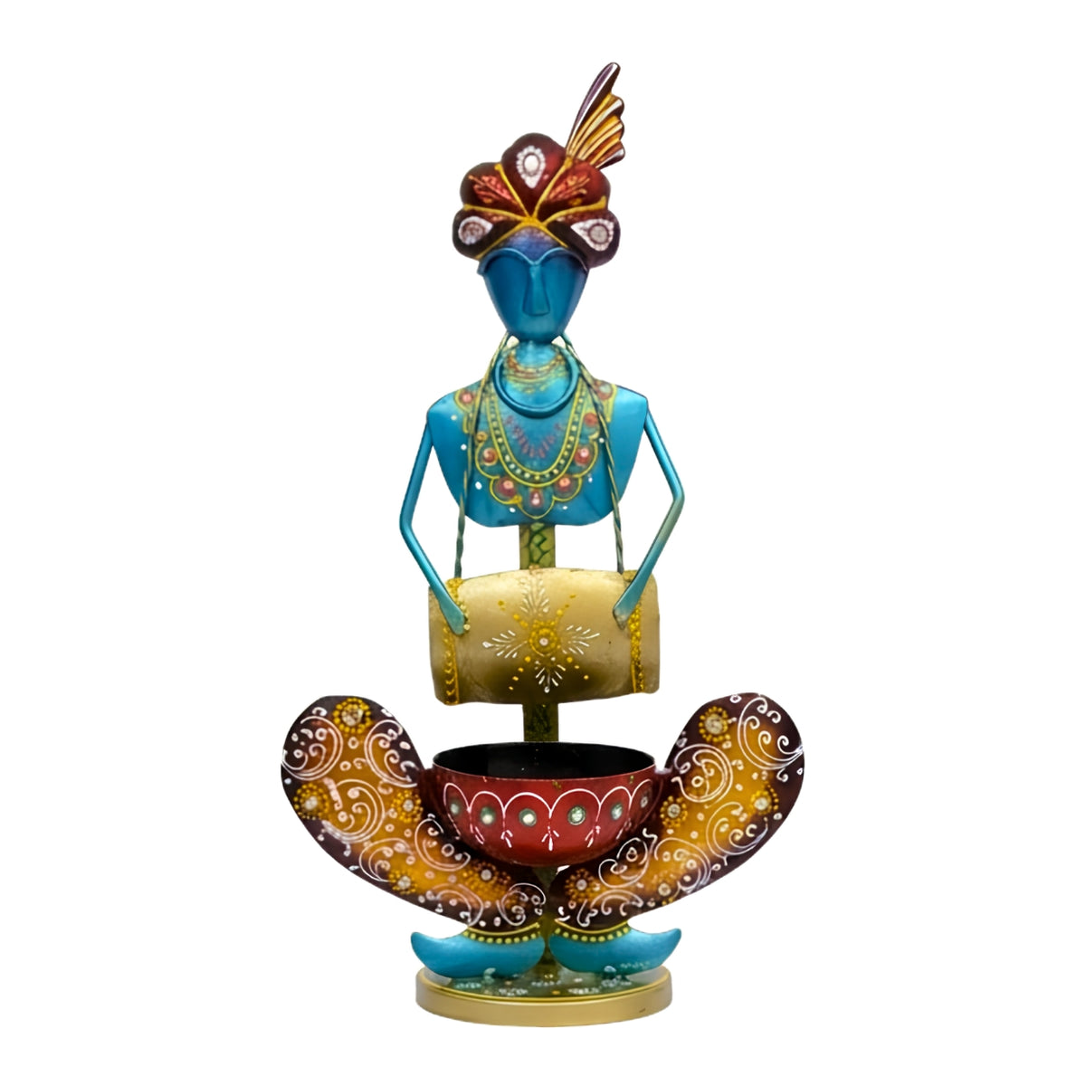 Handcrafted Rajasthani Iron Musician Figurine with Dholak – Traditional Indian Wrought Iron Tribal Drummer Doll Showpiece with Tealight Candle Holder for Home Decor I-236-B