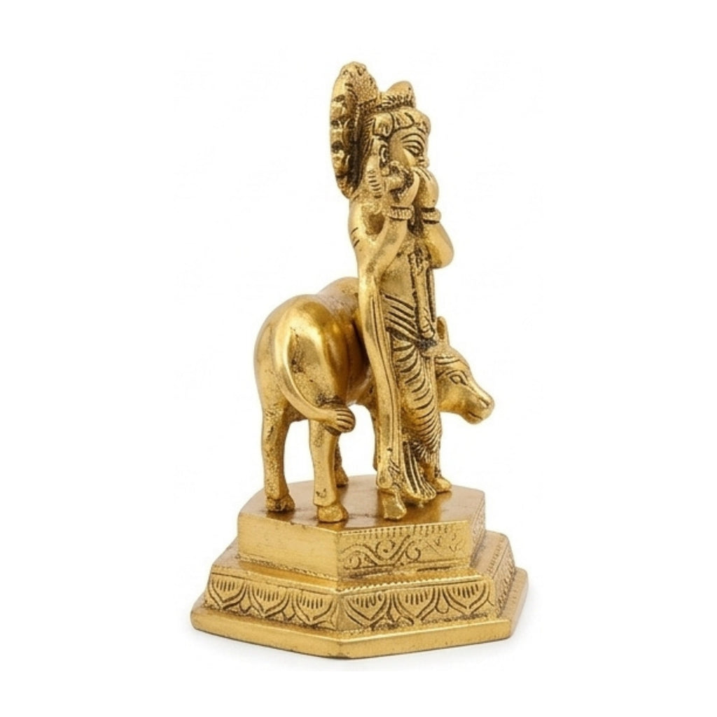 Handcrafted Metal Lord Krishna with Cow Idol – Divine Flute Player (Murali Gopal) Metallic Showpiece for Home Altar, Mandir, & Gifting W-188-A