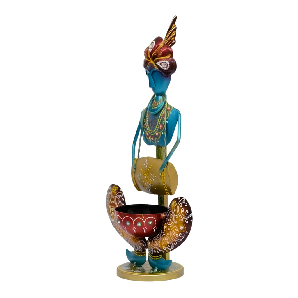 Handcrafted Rajasthani Iron Musician Figurine with Dholak – Traditional Indian Wrought Iron Tribal Drummer Doll Showpiece with Tealight Candle Holder for Home Decor I-236-B