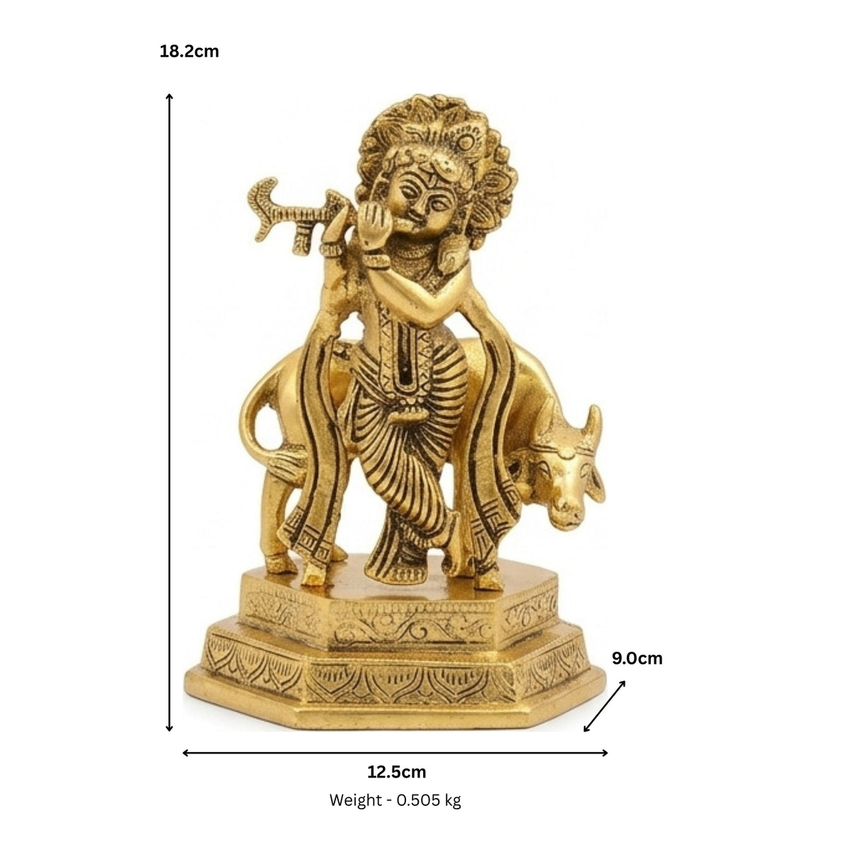 Handcrafted Metal Lord Krishna with Cow Idol – Divine Flute Player (Murali Gopal) Metallic Showpiece for Home Altar, Mandir, & Gifting W-188-A
