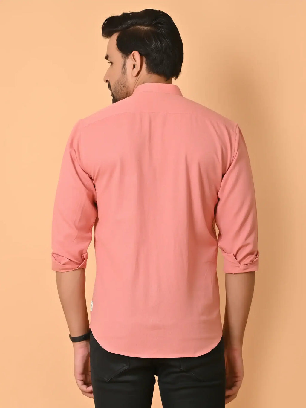 Pink men's casual shirt, long sleeves rolled up, stylish and comfortable, perfect for everyday wear, from CRAFTEARTH fashion collection.