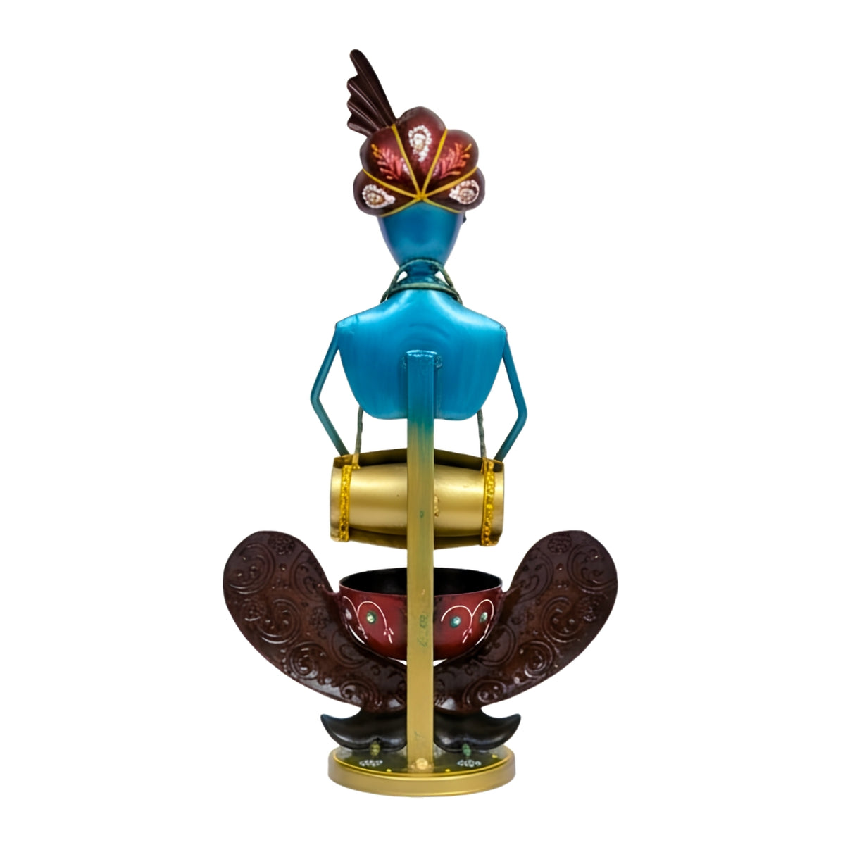 Handcrafted Rajasthani Iron Musician Figurine with Dholak – Traditional Indian Wrought Iron Tribal Drummer Doll Showpiece with Tealight Candle Holder for Home Decor I-236-B