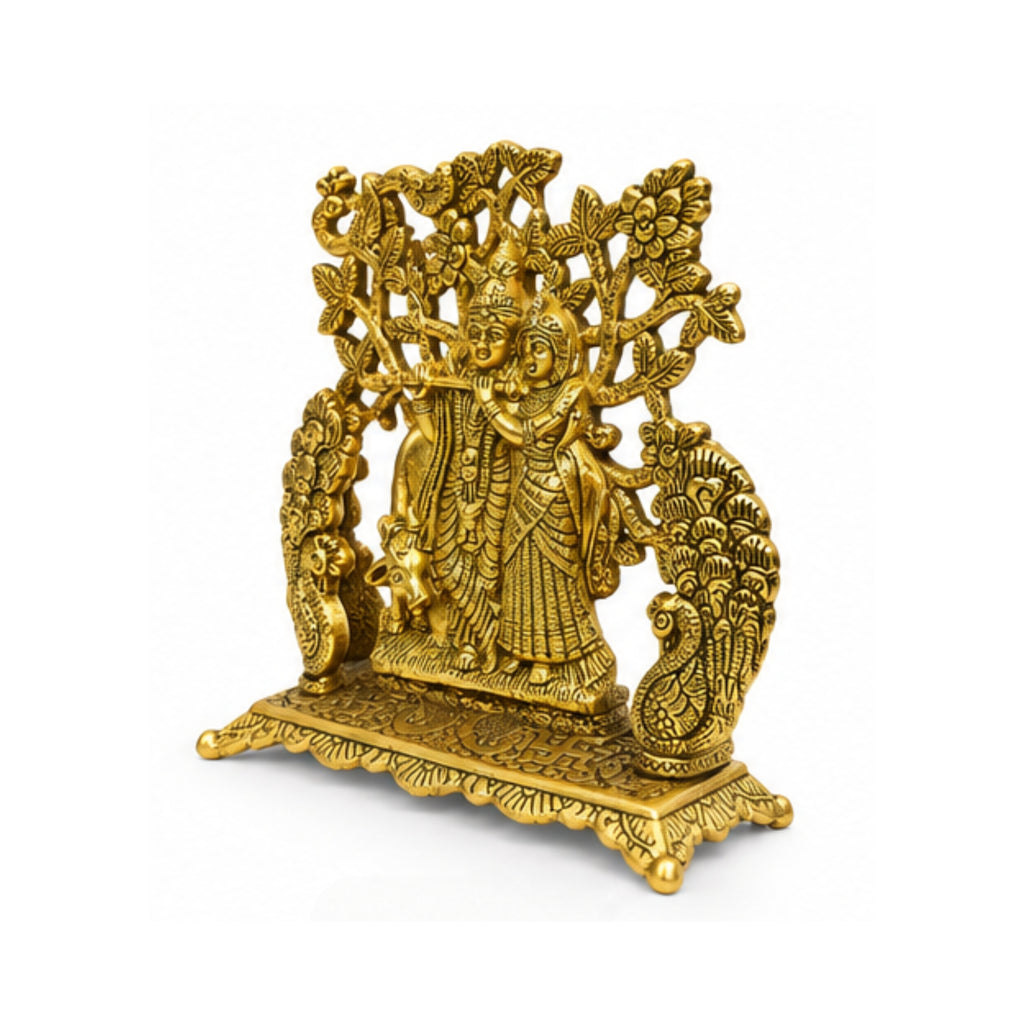 Golden Metal Radha Krishna Standing Under Tree Showpiece with Peacocks W-238-A