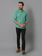 V-neck green kurta for men, casual ethnic wear, slim fit, comfortable fabric, modern traditional style.