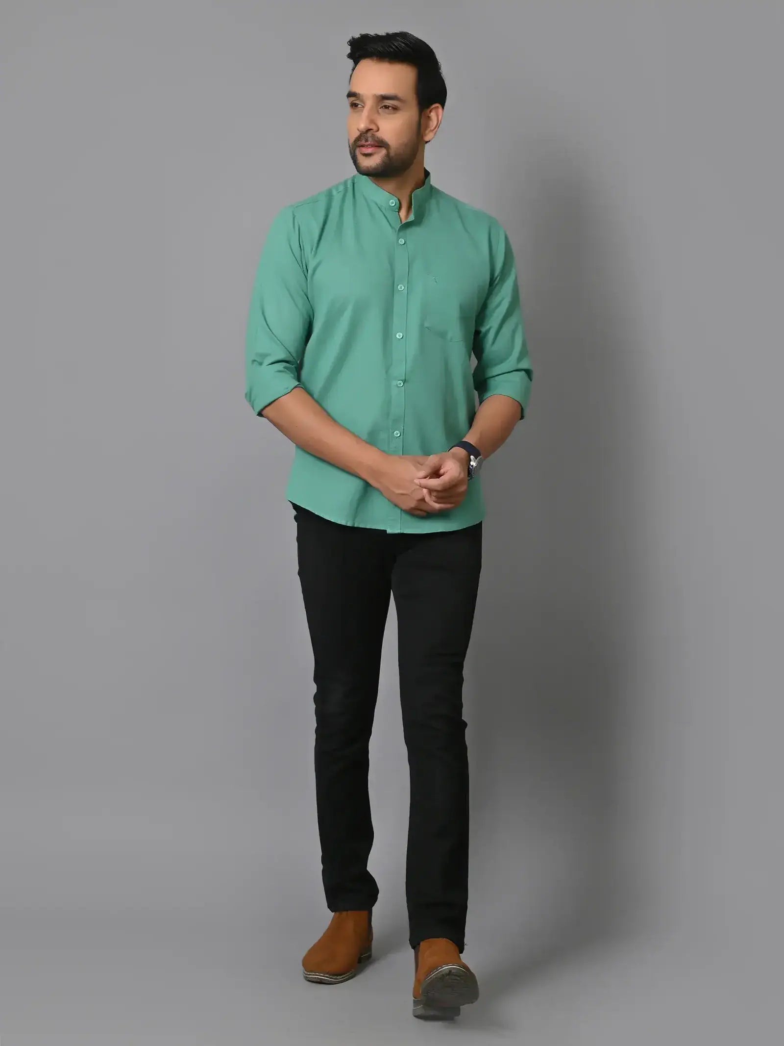 V-neck green kurta for men, casual ethnic wear, slim fit, comfortable fabric, modern traditional style.