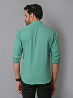 Soft mint green men's shirt with roll-up sleeves, back view, casual style, stylish fashion, comfortable fit, trendy clothing.