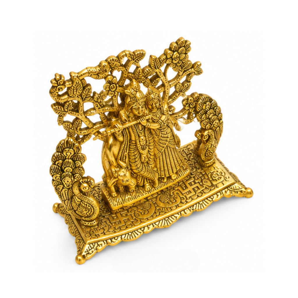 Golden Metal Radha Krishna Standing Under Tree Showpiece with Peacocks W-238-A