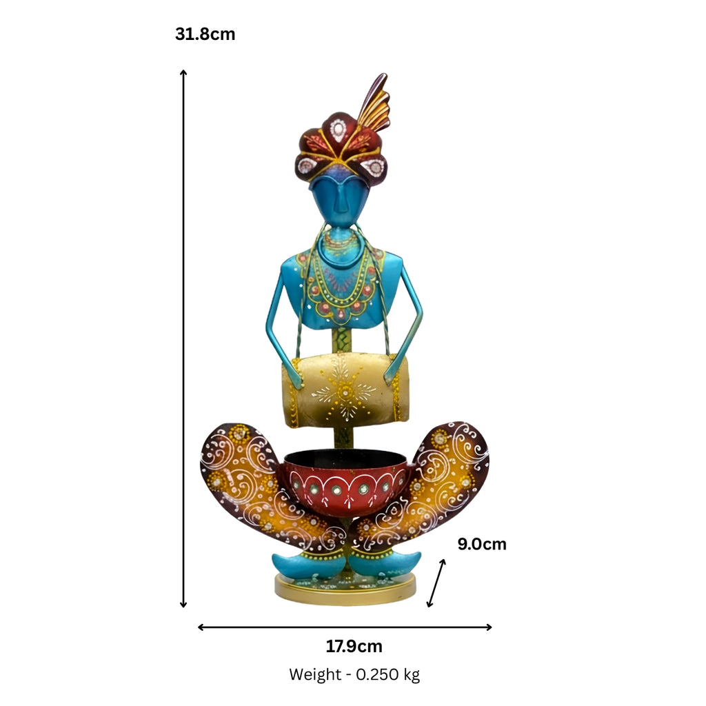 Handcrafted Rajasthani Iron Musician Figurine with Dholak – Traditional Indian Wrought Iron Tribal Drummer Doll Showpiece with Tealight Candle Holder for Home Decor I-236-B