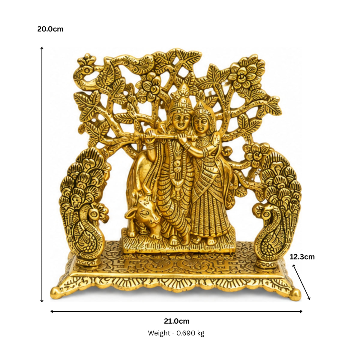 Golden Metal Radha Krishna Standing Under Tree Showpiece with Peacocks W-238-A