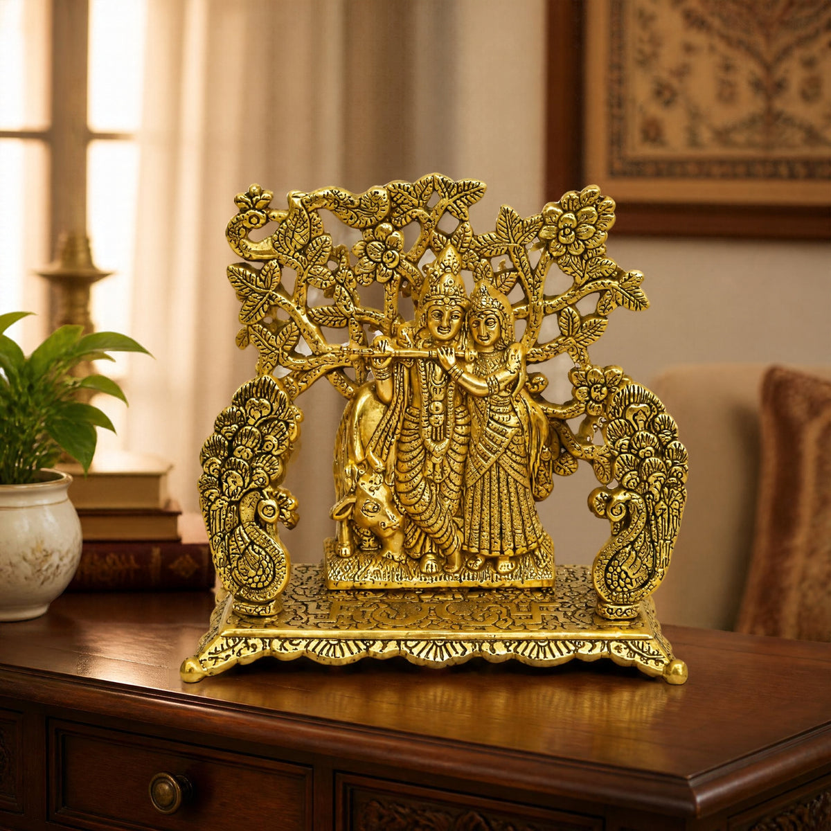 Golden Metal Radha Krishna Standing Under Tree Showpiece with Peacocks W-238-A