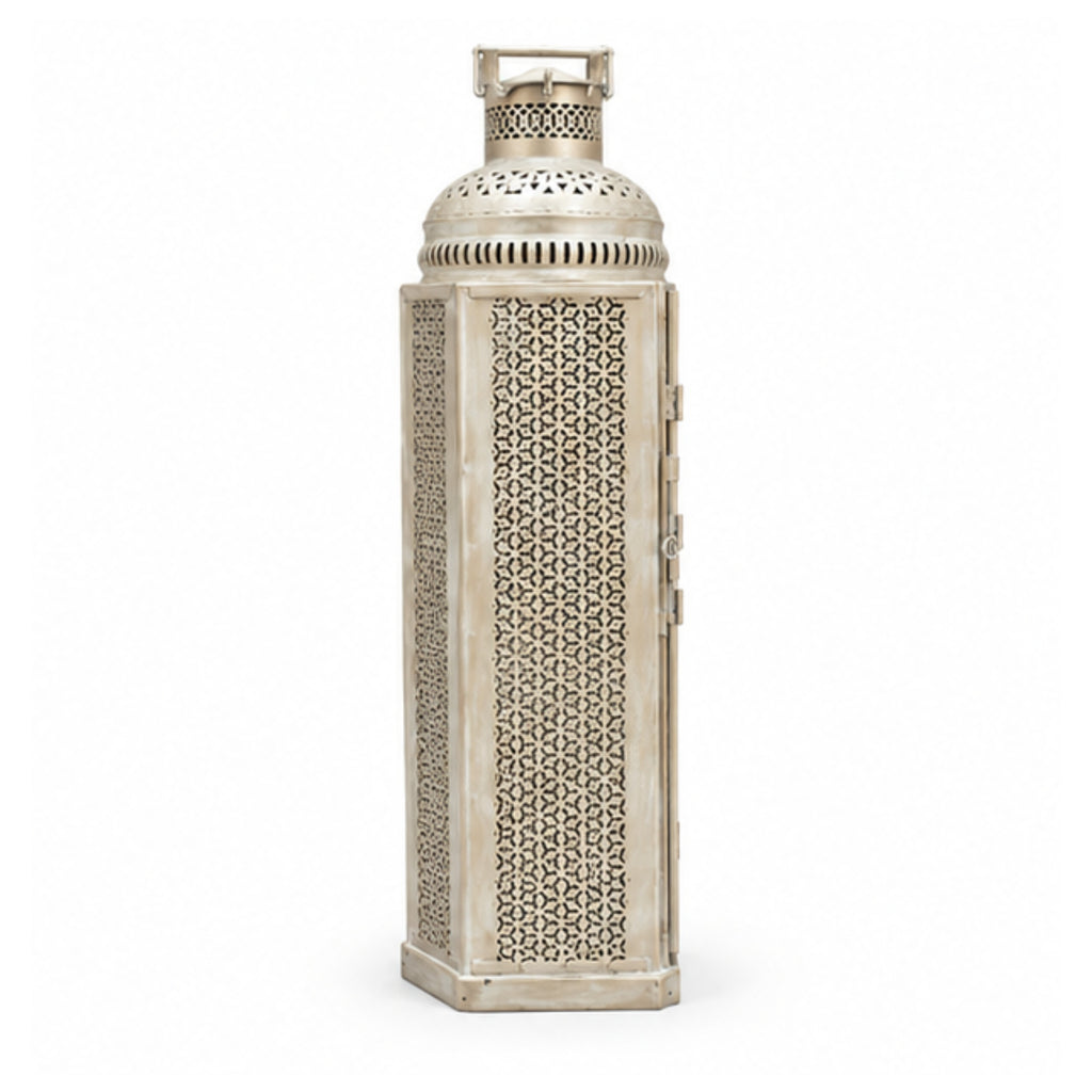 Oversized Exotic Cutout Metal Lantern – Distressed White Moroccan Tower Candle Holder with Hinged Door I-81-A