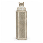 Oversized Exotic Cutout Metal Lantern – Distressed White Moroccan Tower Candle Holder with Hinged Door I-81-A