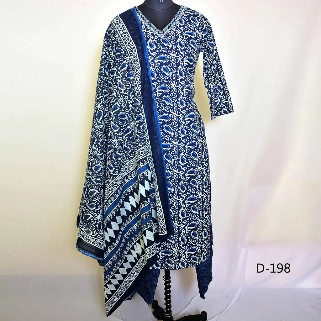 CraftEarth Blue Hand Block Printed Cotton Suit Sets with Dupatta - K-D198