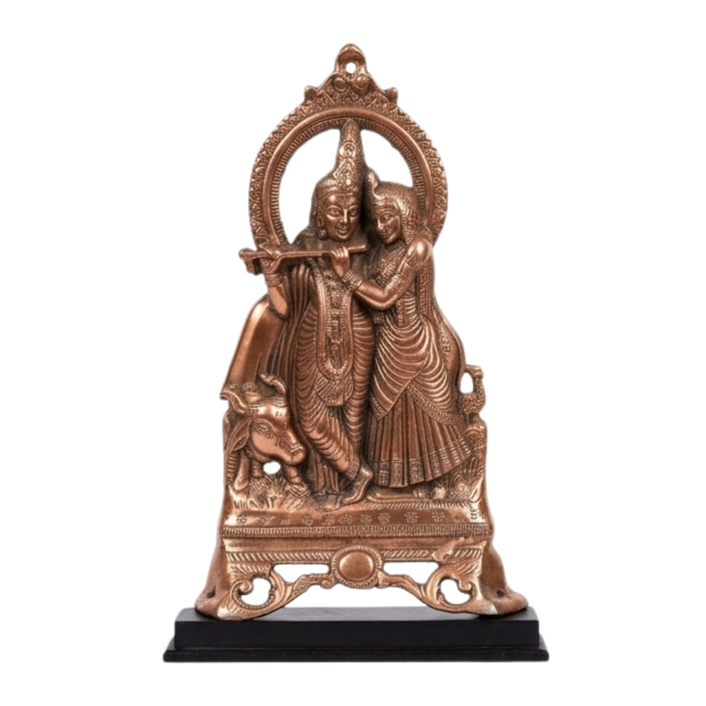 Traditional Copper Finish Gunmetal Radha Krishna with Cow Idol G-75-A