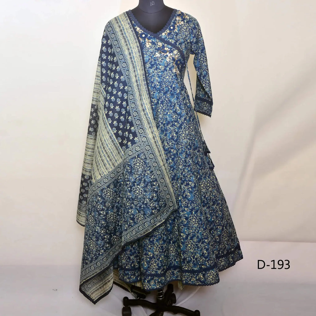 CraftEarth Women's Blue Angrakha Cotton Suit Set with Duptta - K-D193