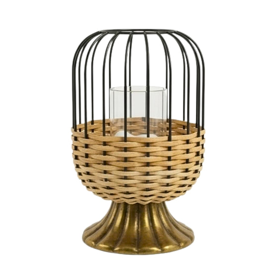Woven Rattan and Black Metal Cage Candle Holder with Fluted Brass Base I-56-A