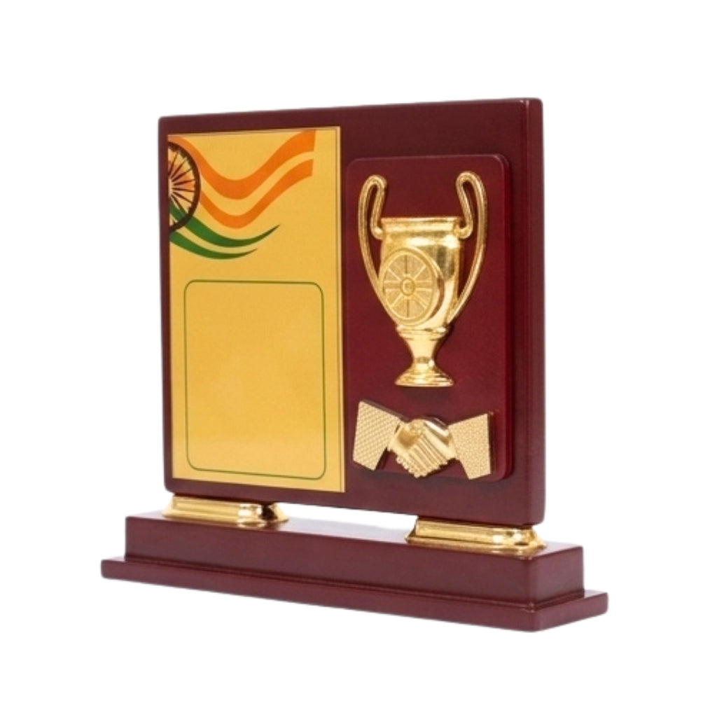 Premium Wooden Memento Trophy with Indian Tricolor Design & Golden Accents M-260-A