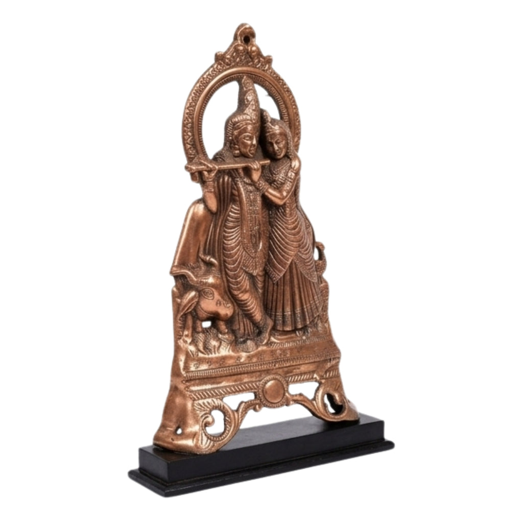 Traditional Copper Finish Gunmetal Radha Krishna with Cow Idol G-75-A