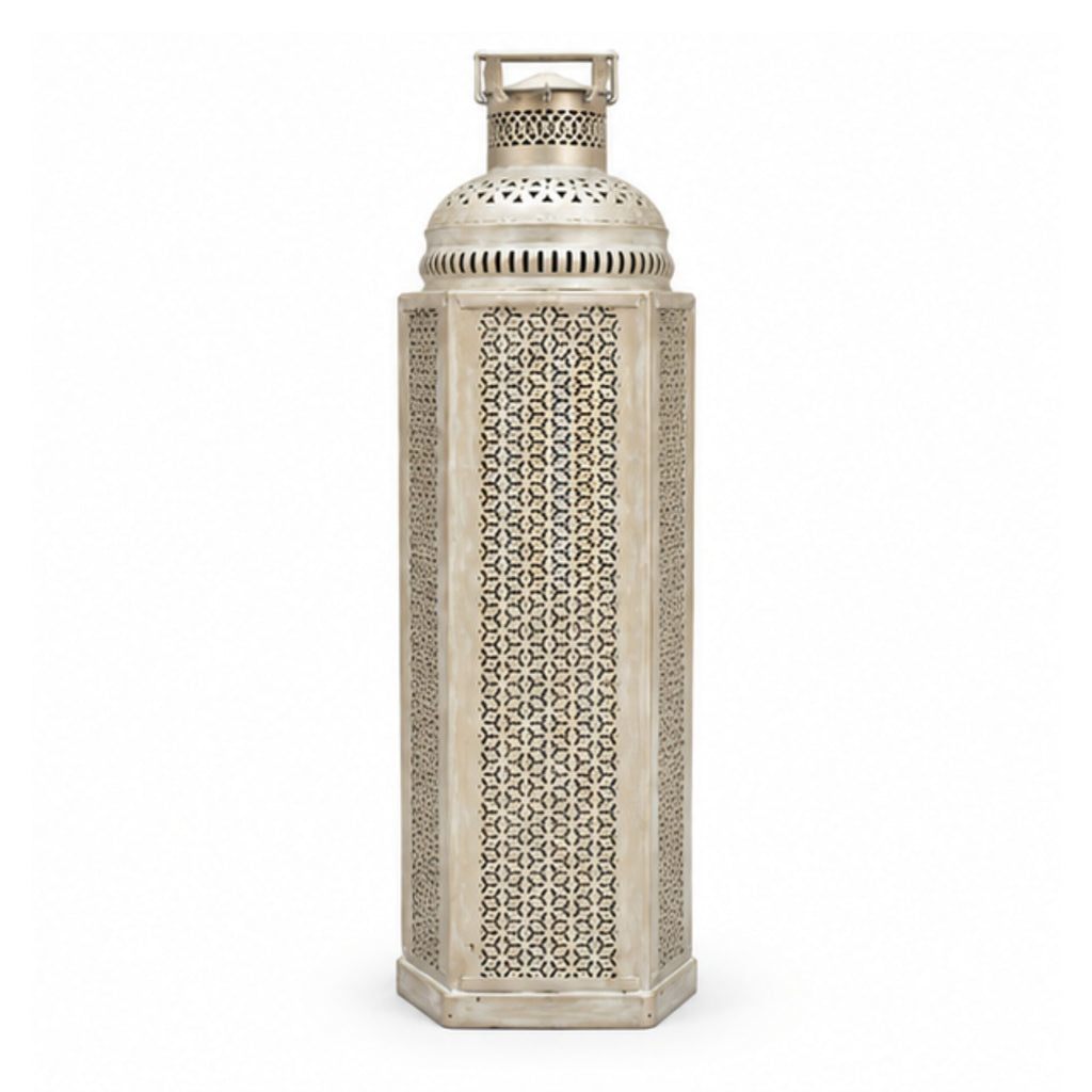 Oversized Exotic Cutout Metal Lantern – Distressed White Moroccan Tower Candle Holder with Hinged Door I-81-A