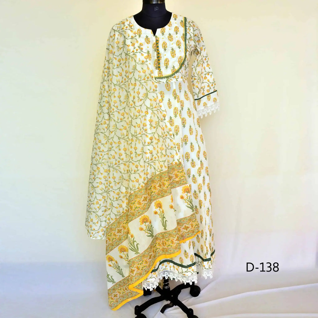 CraftEarth White Anarkali Cotton Suit Set with Dupatta K-D138