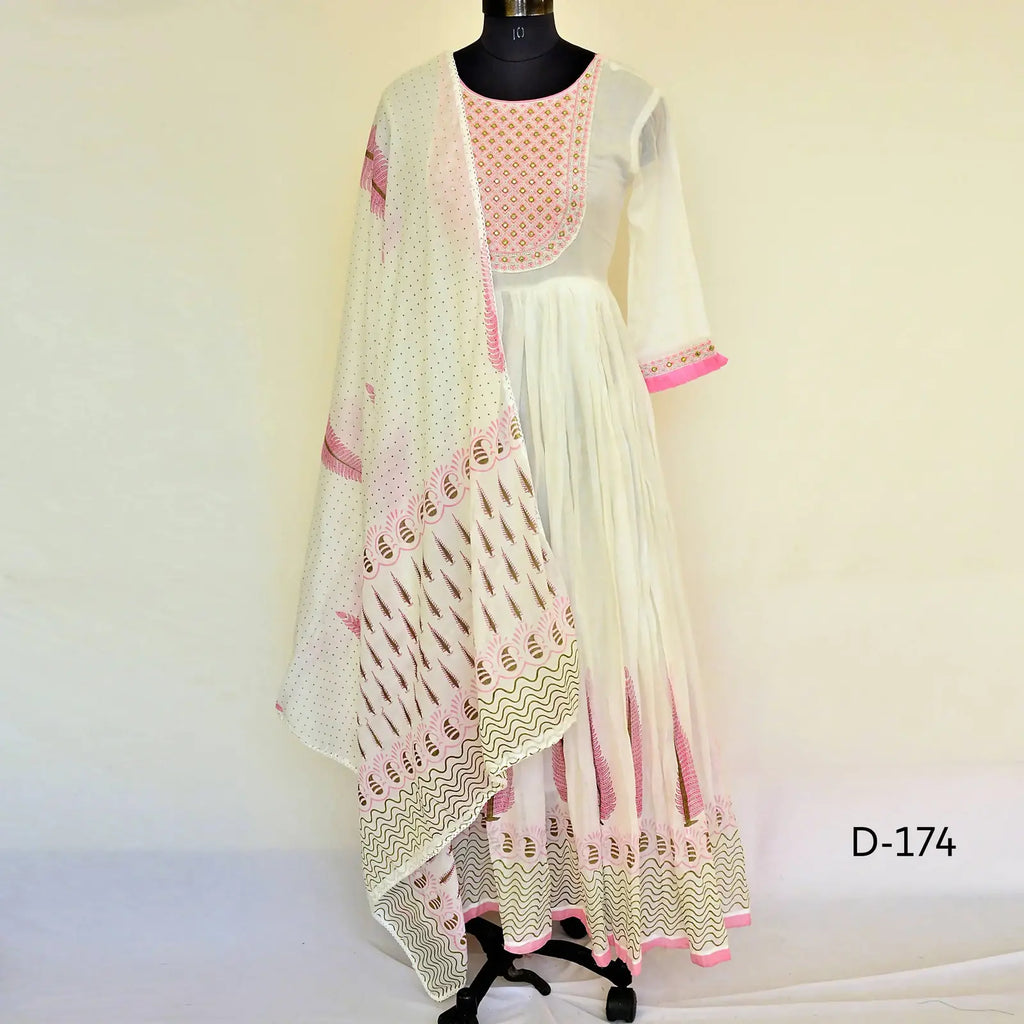 CraftEarth Women's Cotton White Anarkali Suit Set with Dupatta K-D174