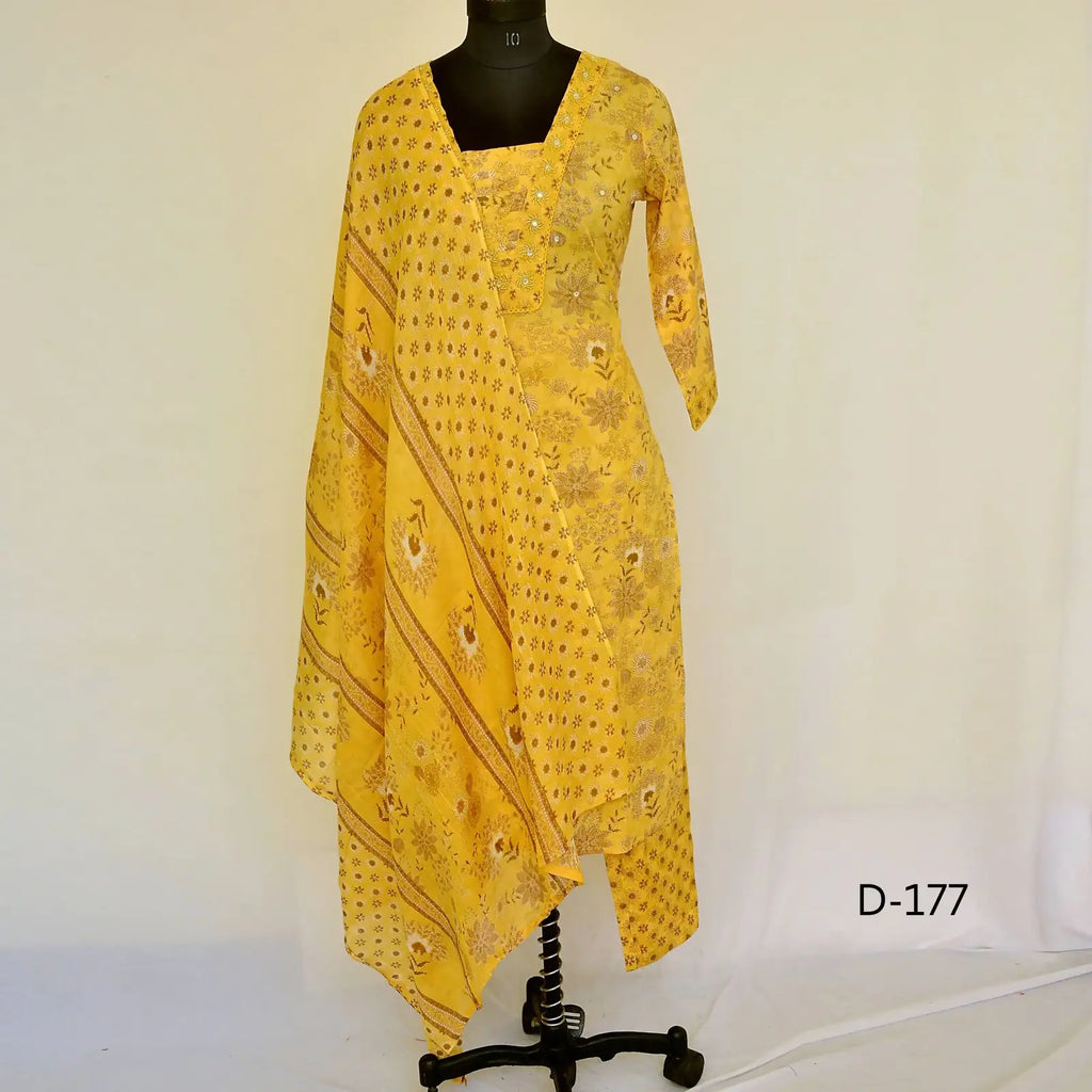CraftEarth Yellow Floral Printed Suit Set for women K-D177