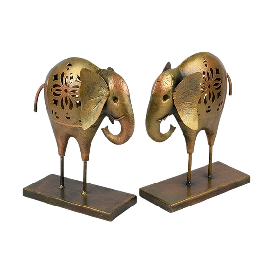 Handcrafted Metal Elephant Candle Holders (Set of 2) – Antique Gold Filigree Tea Light Lanterns I-212-A
