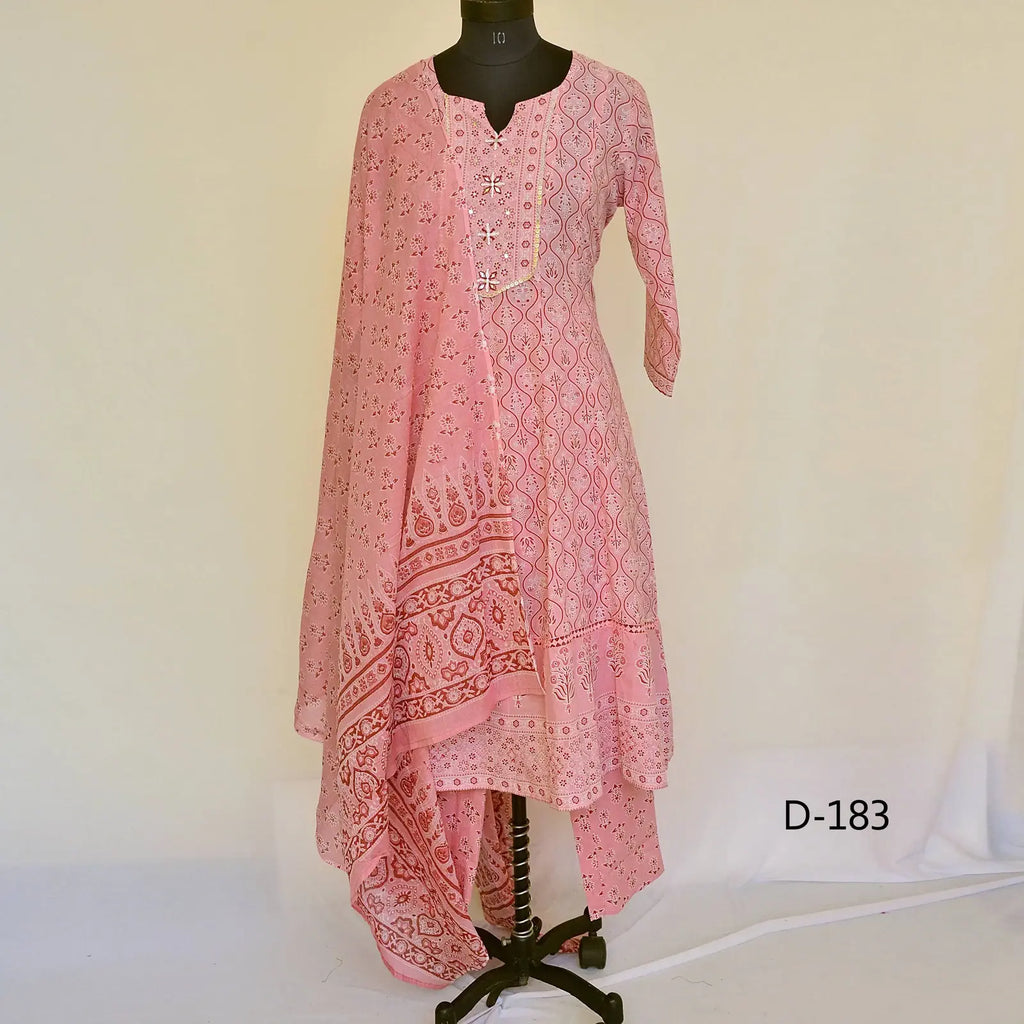 CraftEarth Women's Pink Floral Suit Set with Pant & Dupatta K-D183