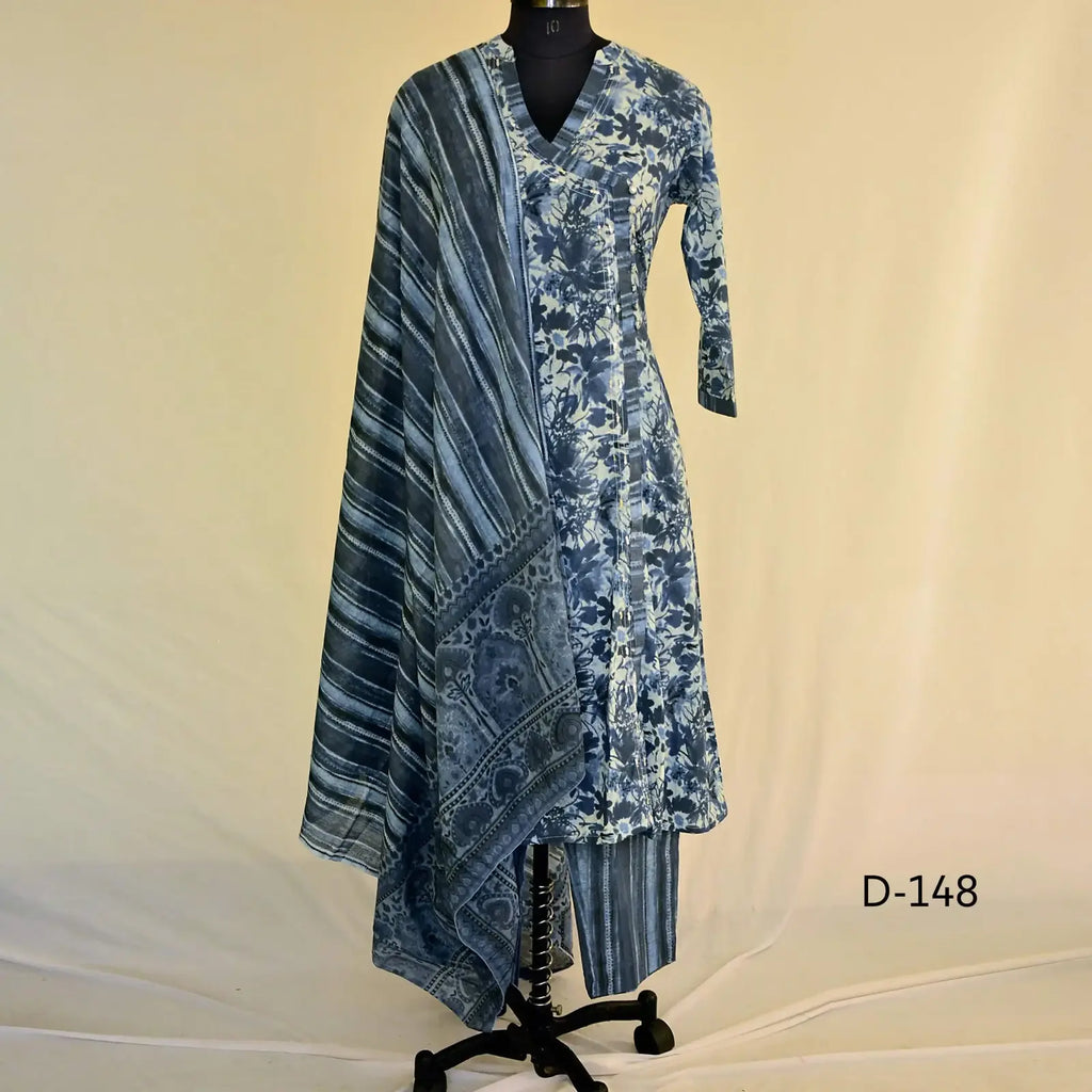 CraftEarth Women's Cotton Floral Printed Angrakha Kurta Pants with Dupatta Set K-D148