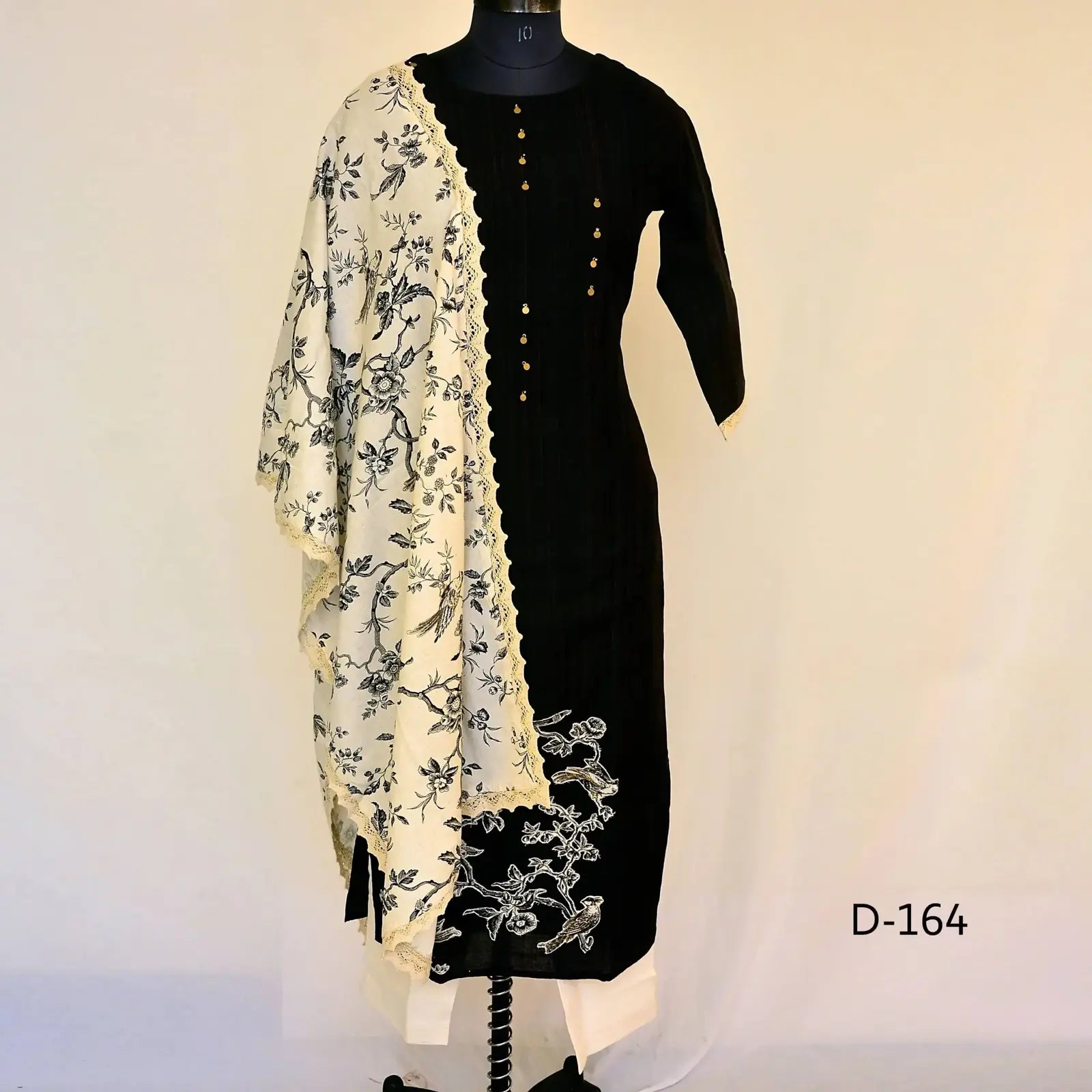 CraftEarth Women's Black Cotton Suit Set with White Pant & Dupatta K- D164