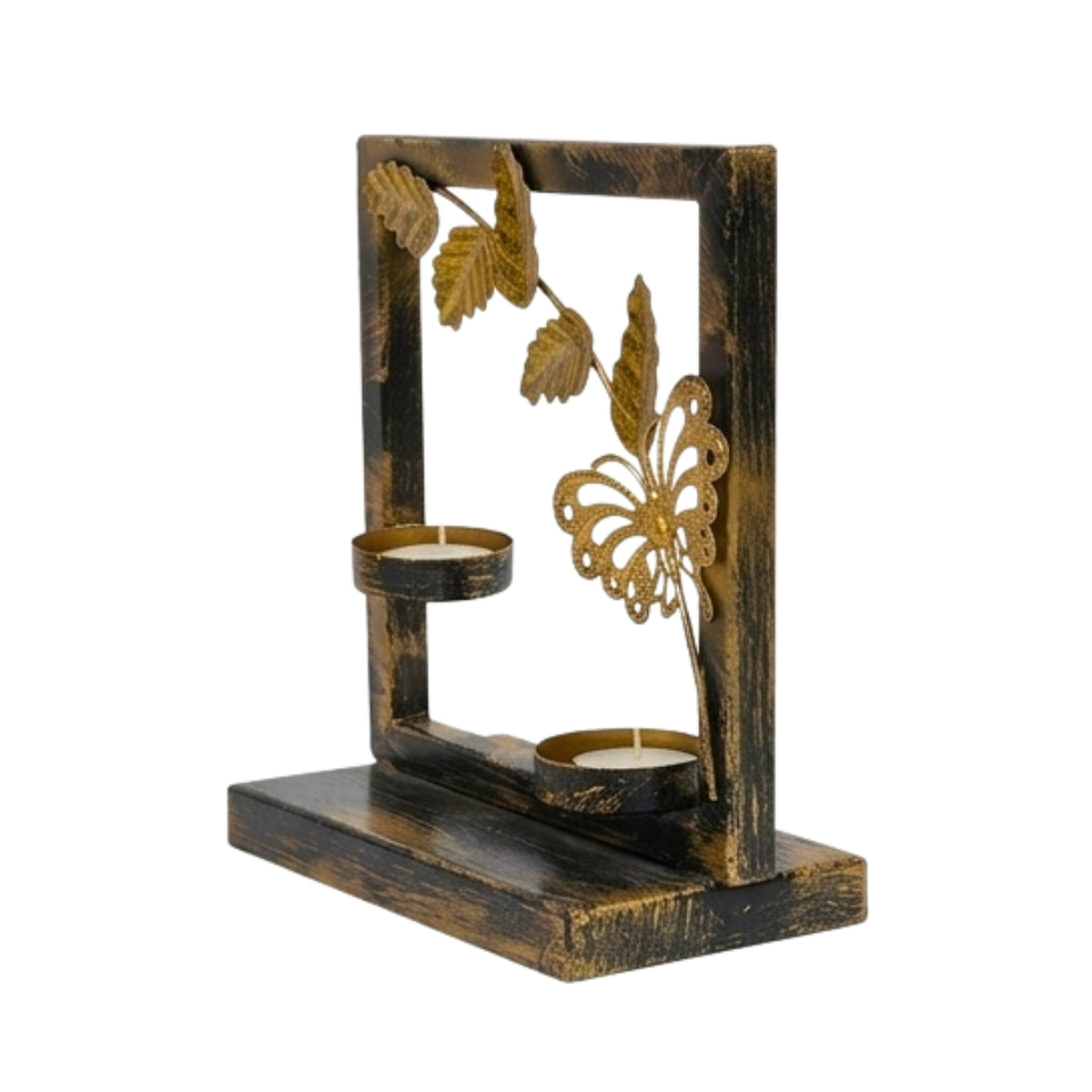 Handcrafted Metal Butterfly and Leaf T-Light Candle Holder – Double Votive Stand with Antique Gold and Black Distressed Finish I-65-A