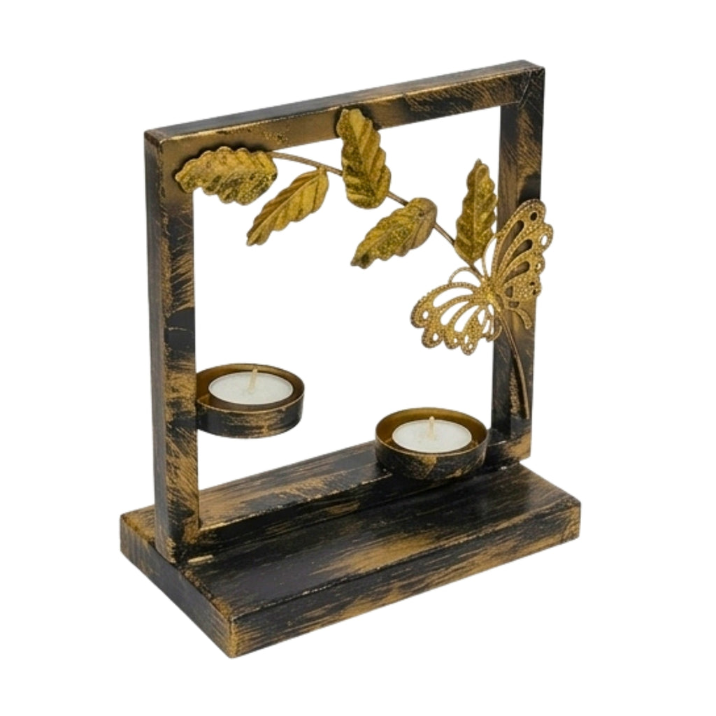 Handcrafted Metal Butterfly and Leaf T-Light Candle Holder – Double Votive Stand with Antique Gold and Black Distressed Finish I-65-A