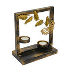 Handcrafted Metal Butterfly and Leaf T-Light Candle Holder – Double Votive Stand with Antique Gold and Black Distressed Finish I-65-A