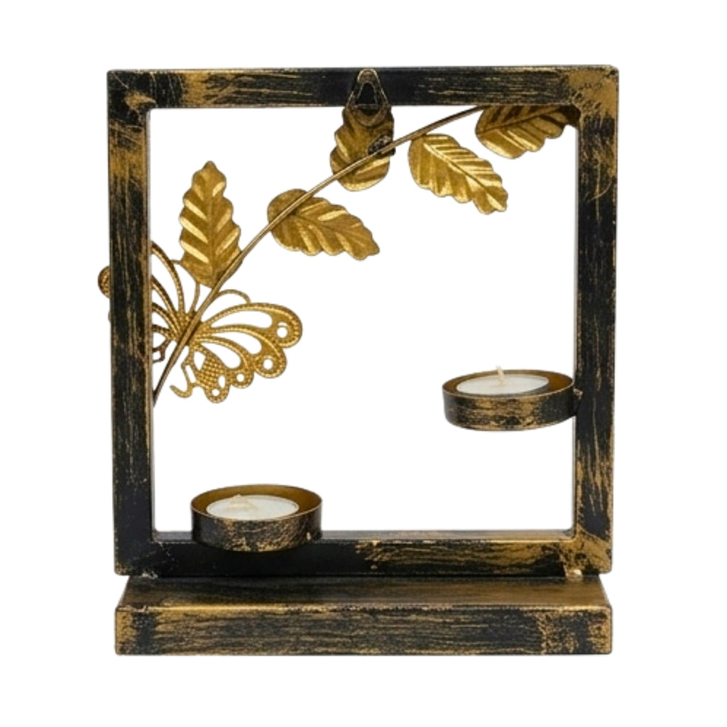 Handcrafted Metal Butterfly and Leaf T-Light Candle Holder – Double Votive Stand with Antique Gold and Black Distressed Finish I-65-A
