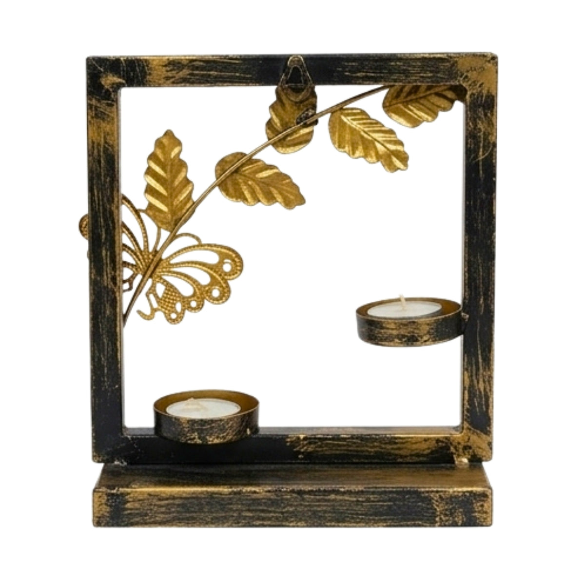 Handcrafted Metal Butterfly and Leaf T-Light Candle Holder – Double Votive Stand with Antique Gold and Black Distressed Finish I-65-A