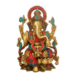 Brass Lord Ganesha Idol on Lotus with Meenakari work, Ganesha Murti BR-333-A
