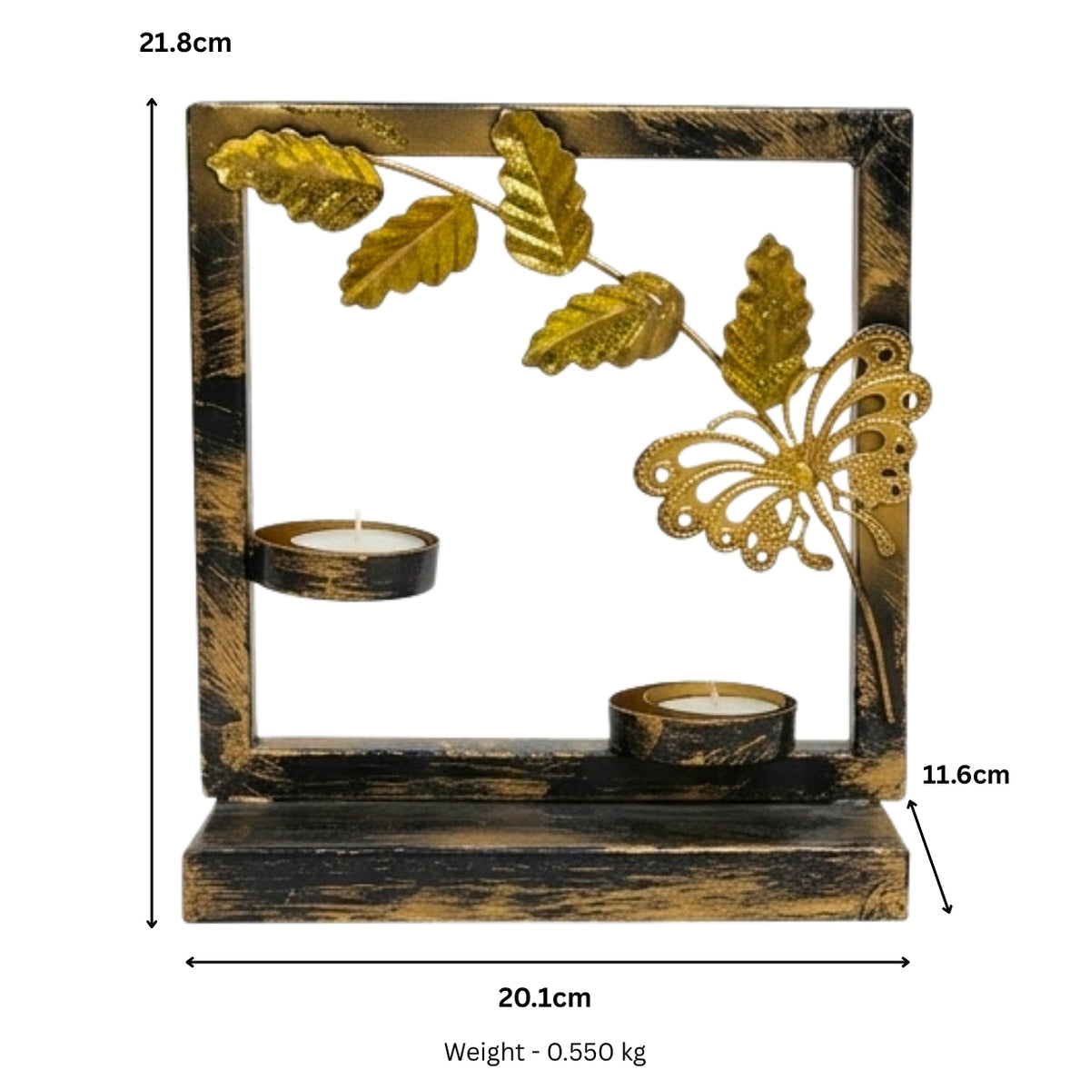 Handcrafted Metal Butterfly and Leaf T-Light Candle Holder – Double Votive Stand with Antique Gold and Black Distressed Finish I-65-A