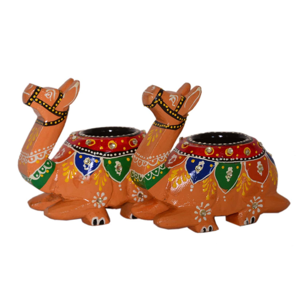 Craftearth's Handcrafted Wooden Camel Tea-Light Holders | Mango Wood Tea-Light Holder for Diwali Decoration | Rajasthani style hand paint work | WD-167-A