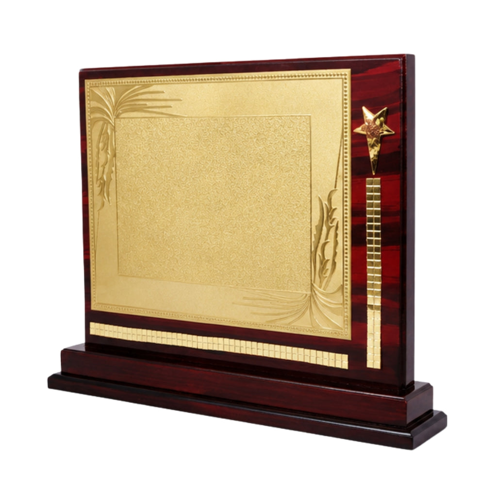 Wooden Memento Award with Golden Engraving Plate and Star Accent M-285-A