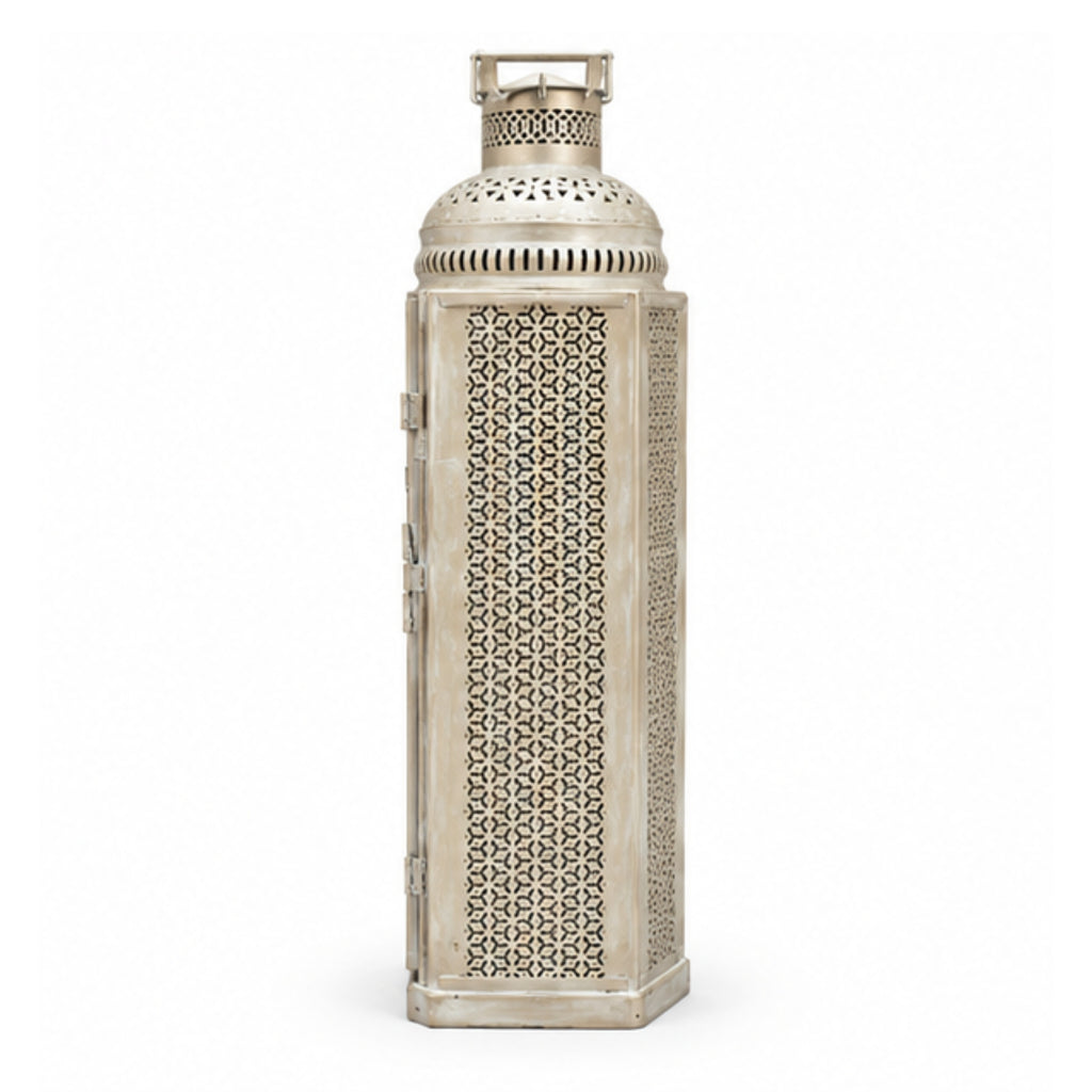Oversized Exotic Cutout Metal Lantern – Distressed White Moroccan Tower Candle Holder with Hinged Door I-81-A