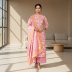 CraftEarth Women's Pink Floral Printed Suit Set with Dupatta K-D161