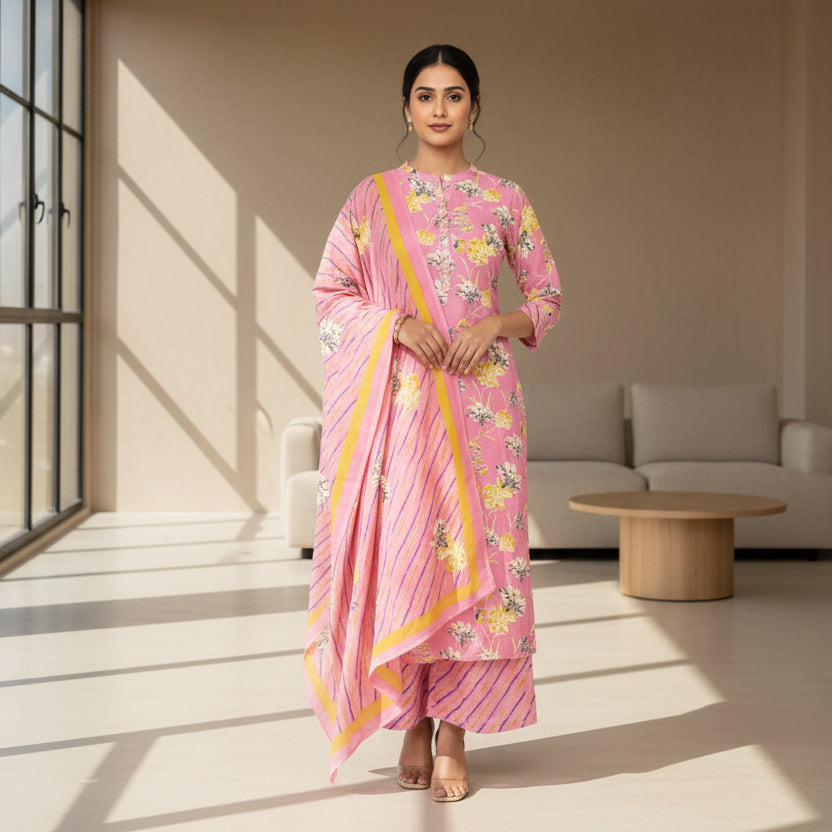 CraftEarth Women's Pink Floral Printed Suit Set with Dupatta K-D161
