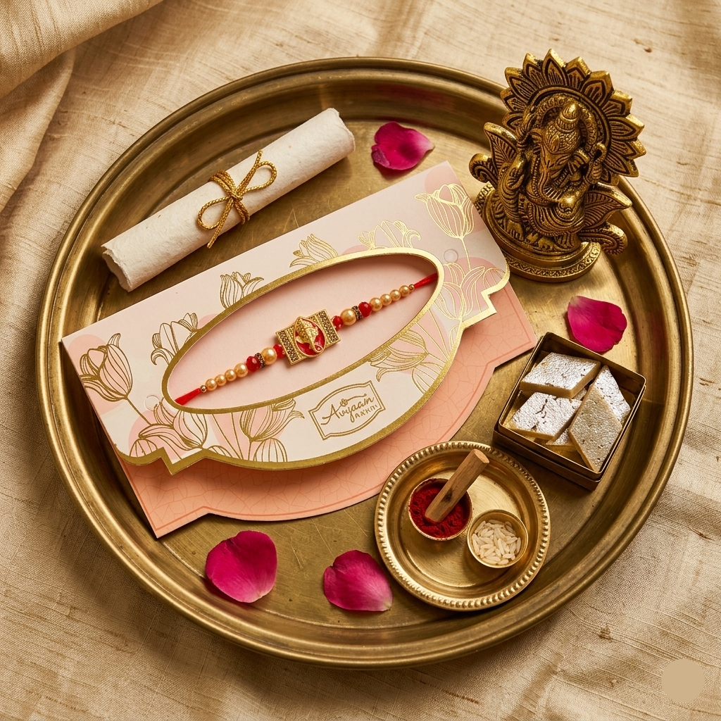 CraftEarth Designer Ganesha Rakhi for Brother with Metal Lord Ganesha Idol Combo Gift Set with Roli Chawal Pack RC-16
