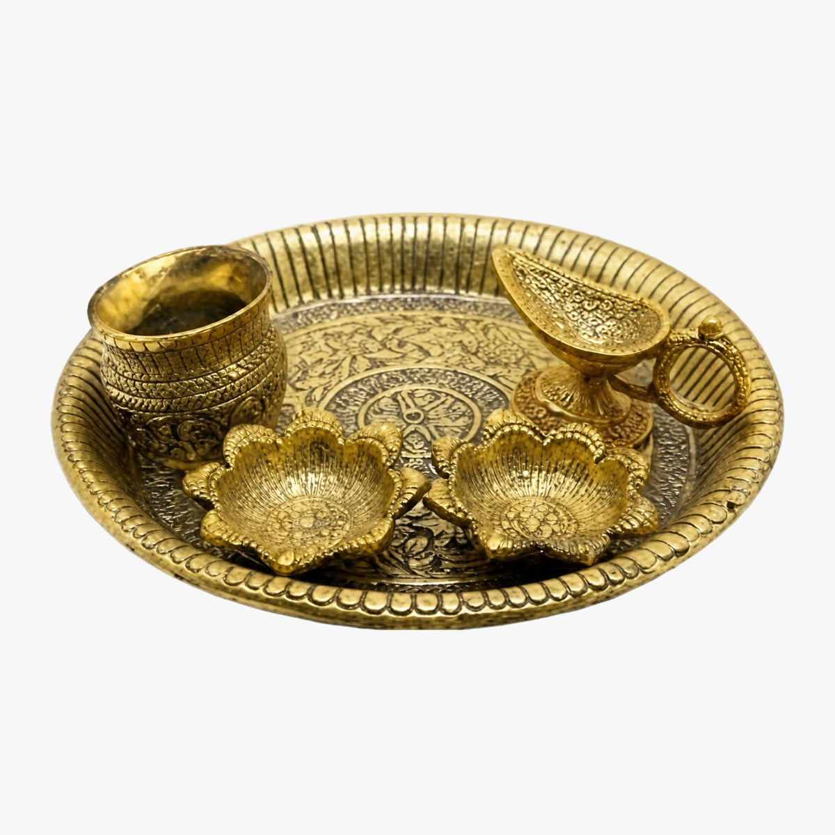 Handcrafted Metal Puja Thali Set with Diya, Kalash, and Spoon – Antique Gold Engraved 5-Piece Pooja Plate Set for Home Temple, Diwali, and Karwa Chauth W-65-A
