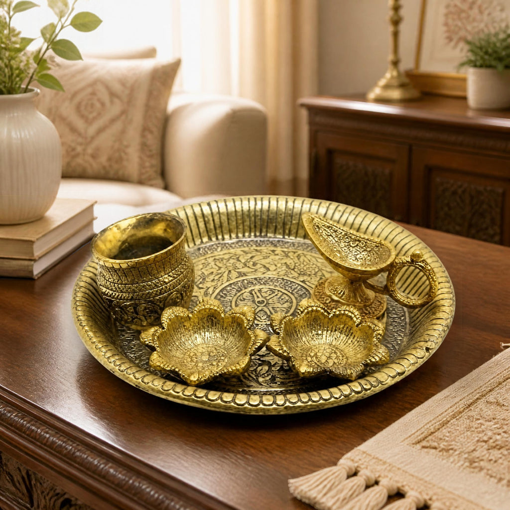 Handcrafted Metal Puja Thali Set with Diya, Kalash, and Spoon – Antique Gold Engraved 5-Piece Pooja Plate Set for Home Temple, Diwali, and Karwa Chauth W-65-A