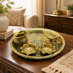 Handcrafted Metal Puja Thali Set with Diya, Kalash, and Spoon – Antique Gold Engraved 5-Piece Pooja Plate Set for Home Temple, Diwali, and Karwa Chauth W-65-A