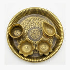 Handcrafted Metal Puja Thali Set with Diya, Kalash, and Spoon – Antique Gold Engraved 5-Piece Pooja Plate Set for Home Temple, Diwali, and Karwa Chauth W-65-A