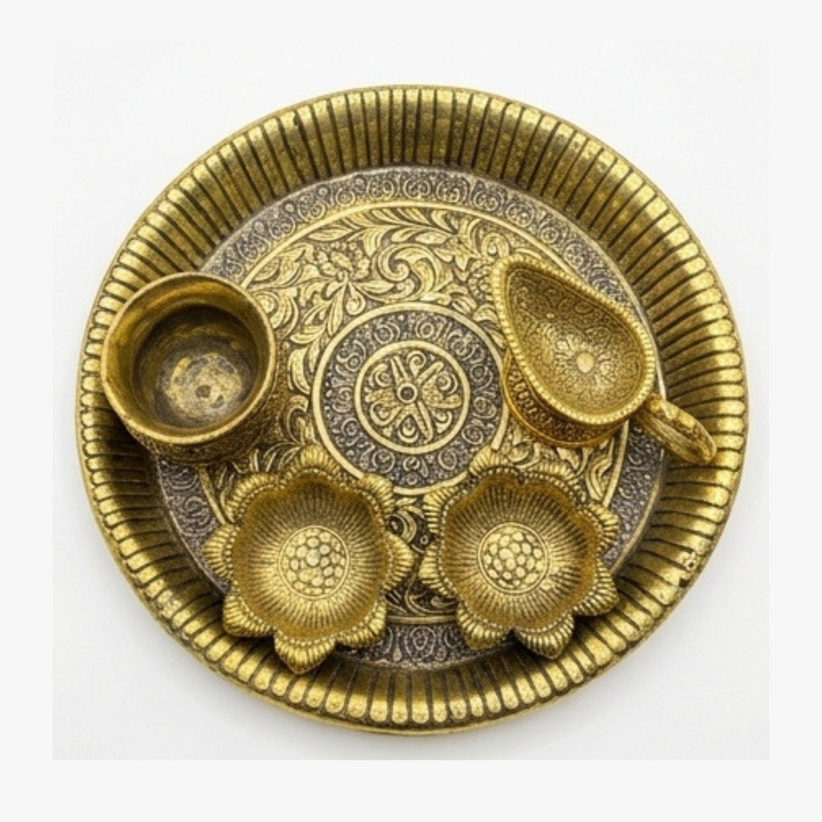 Handcrafted Metal Puja Thali Set with Diya, Kalash, and Spoon – Antique Gold Engraved 5-Piece Pooja Plate Set for Home Temple, Diwali, and Karwa Chauth W-65-A