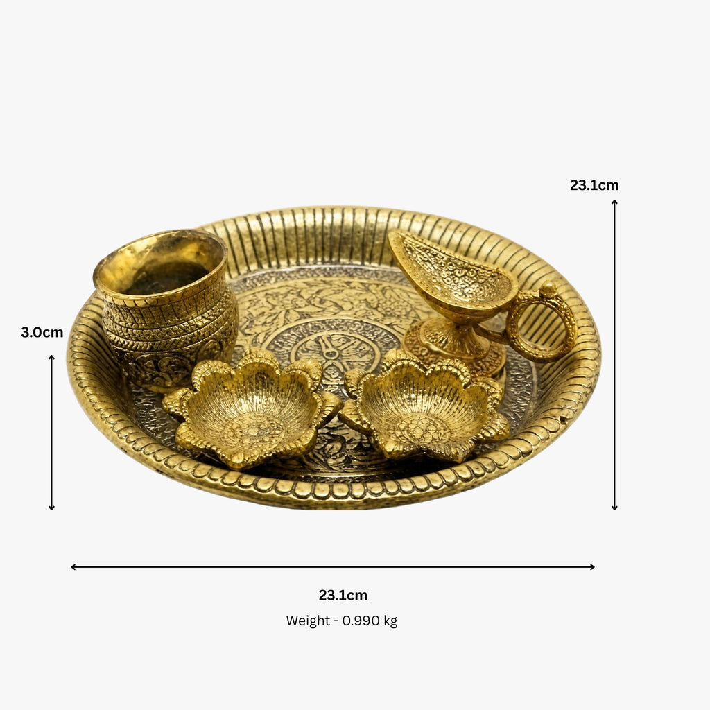 Handcrafted Metal Puja Thali Set with Diya, Kalash, and Spoon – Antique Gold Engraved 5-Piece Pooja Plate Set for Home Temple, Diwali, and Karwa Chauth W-65-A